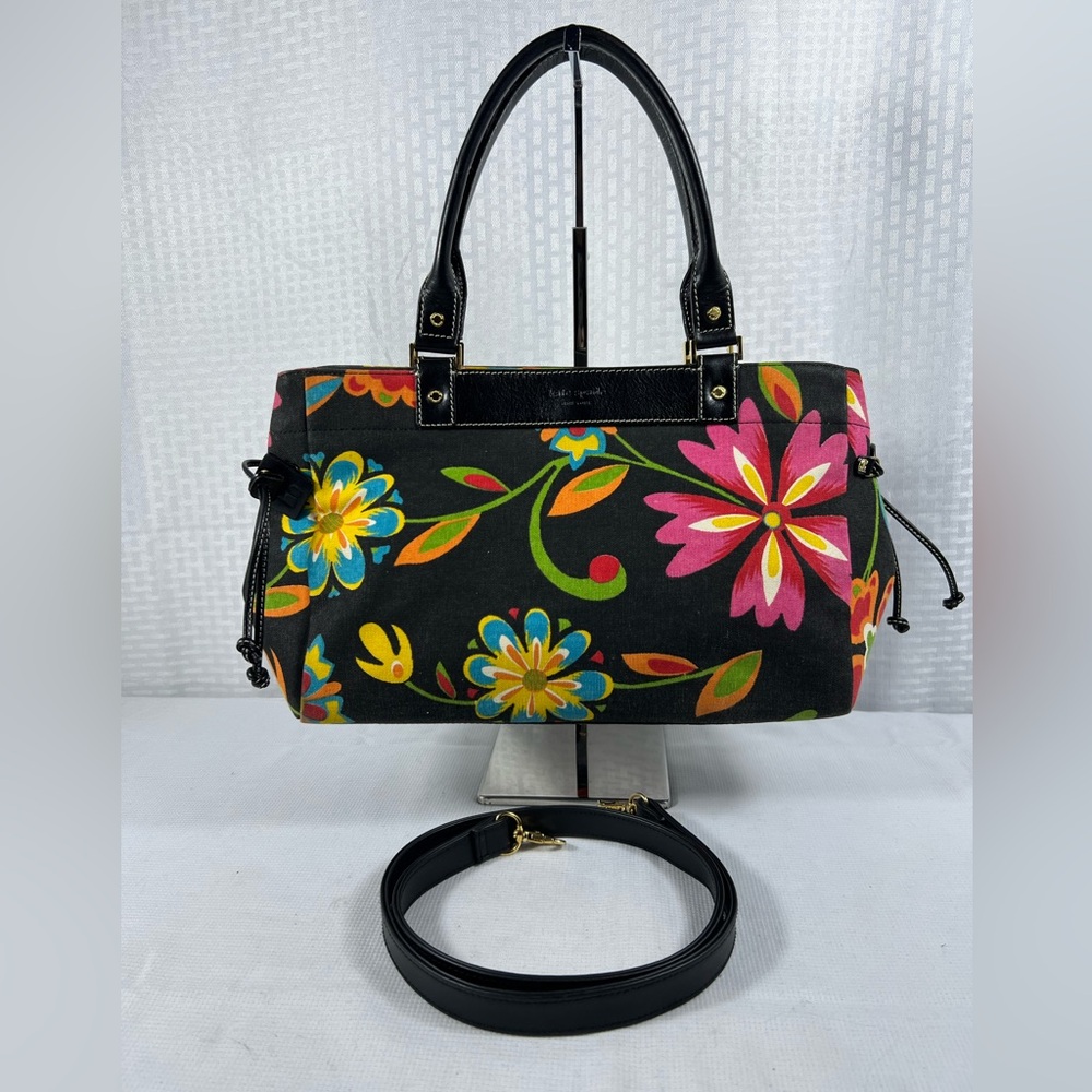kate spade Black Floral Canvas Satchel with Pink, Yellow & Blue Flowers